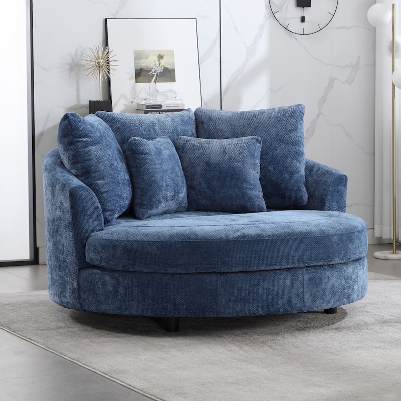 Modern Sofa Chair Round Accent Barrel Chair With 5 Pillows and Storage Ottoman - Chair/Blue/Chenille