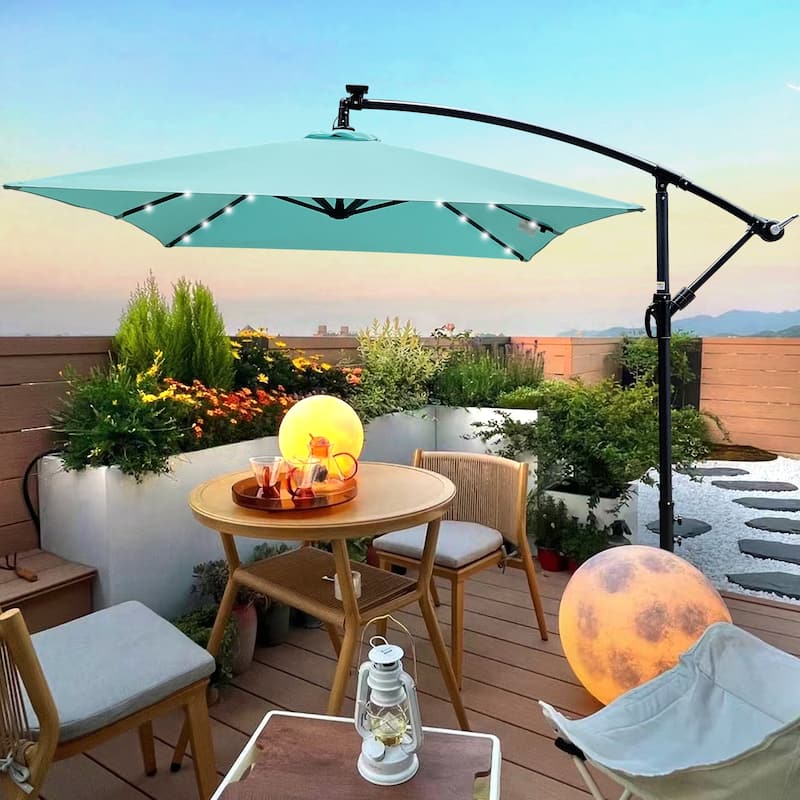 Rectangle 2x3M Patio Umbrella Solar Powered LED Lighted Sun Shade Market Waterproof 6 Ribs Umbrella with Crank and Cross Base - Turquoise