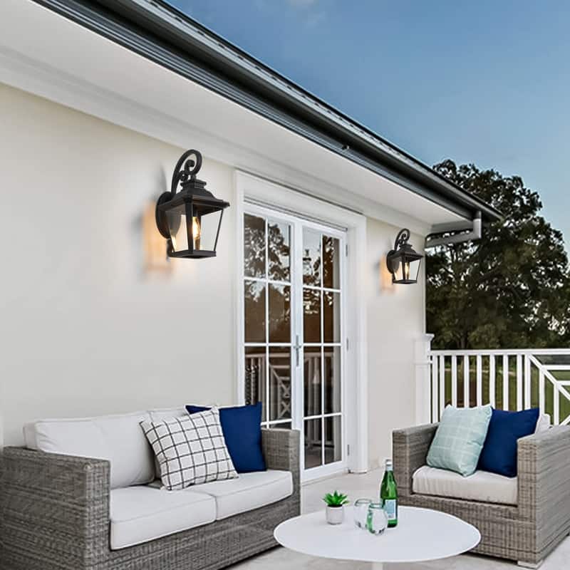 Large Outdoor Black Metal Exterior Wall Lantern Sconce Light with Glass Shade