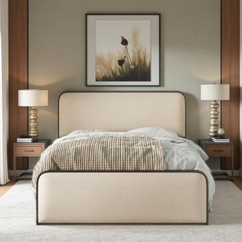 Queen Modern Upholstered Bed with Curved Headboard & Footboard, 4 Under-Bed Storage Drawers Design
