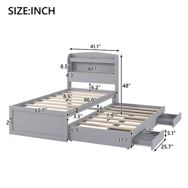 Gray Twin Platform Storage Bed wTrundle, Bookcase Headboard, Drawers