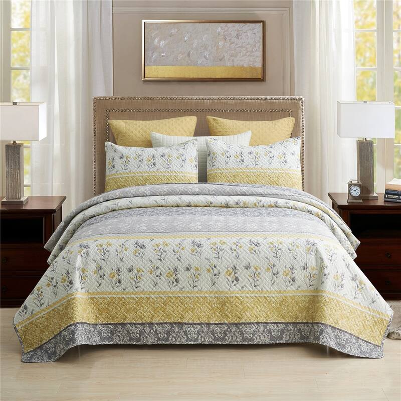 European Floral Quilt Set - Yellow Stripe - Queen