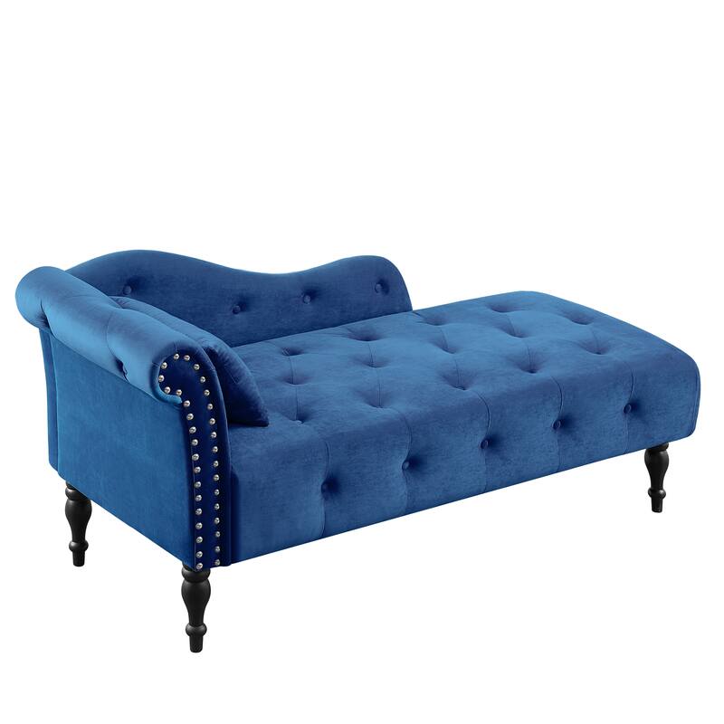 60.6" Velvet Chaise Lounge Buttons Tufted Nailhead Trimmed Solid Wood Legs with 1 Pillow,Blue (Left Arm Design)
