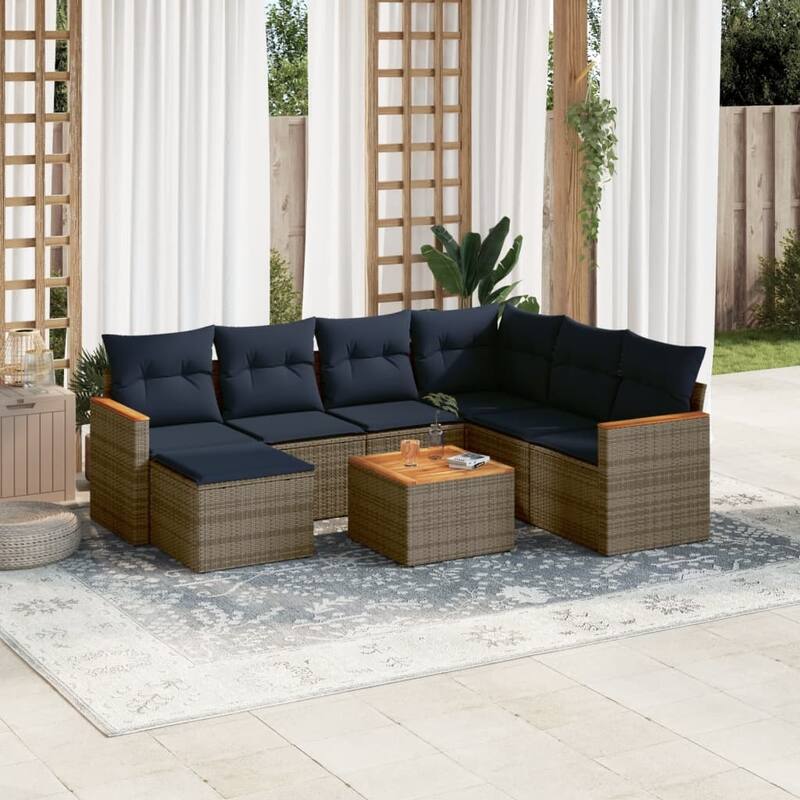 vidaXL Patio Sofa Set with Cushions Outdoor Conversation Furniture Poly Rattan - 24.4x 24.4x 27.2 - Grey and Blue-With table