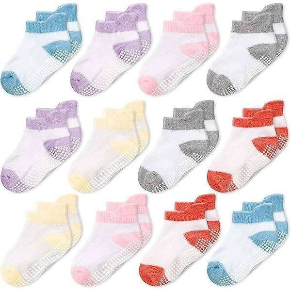 slide 2 of 6, CozyWay Non-Slip Ankle Style Socks with Grippers, 12 Pack, Mixed Colored, 6-12 Months