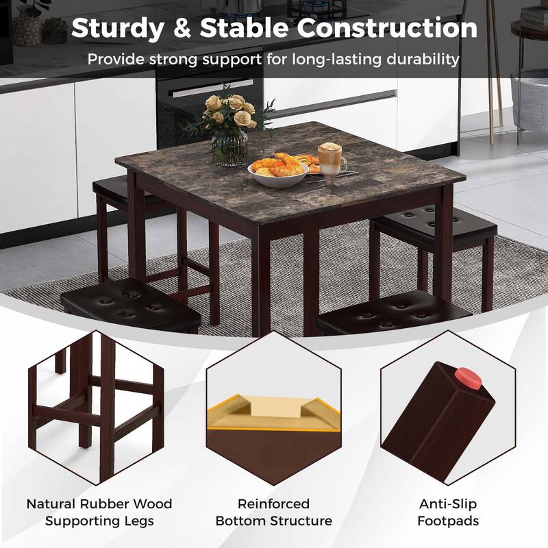 5 PCS Bar Table Set Square Dining Table & 4 PVC Leather Bar Stools