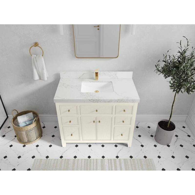 Willow Collections 42 in W x 22 in D Sonoma Free Standing Reeded Single Sink Bathroom Vanity with Countertop - 2”Calacatta Nuvo - Ivory
