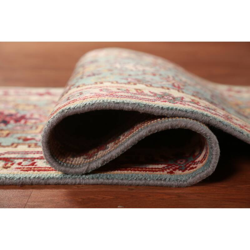 Hand Knotted Oriental 100% Wool Carpet Traditional Geometric Navy Blue & Blues Heriz (serapi) Runner Rug - 8' 2'' X 2' 6''