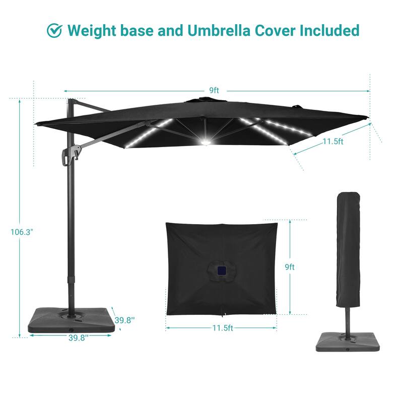 BONOSUKI 11.5x9FT LED Cantilever Patio Umbrella 360 Rotation w/Base