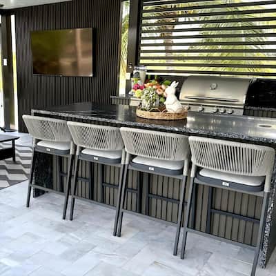 PURPLE LEAF Bar Stool Set of 2 Outdoor Rattan Bar Chair with Back Metal Bar Height Stool Wicker Barstool Dark Grey - N/A
