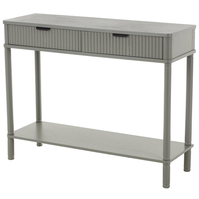 Gray Wood Handmade 2 Drawer Living Room Console Table with Black Handle and Ribbed Front