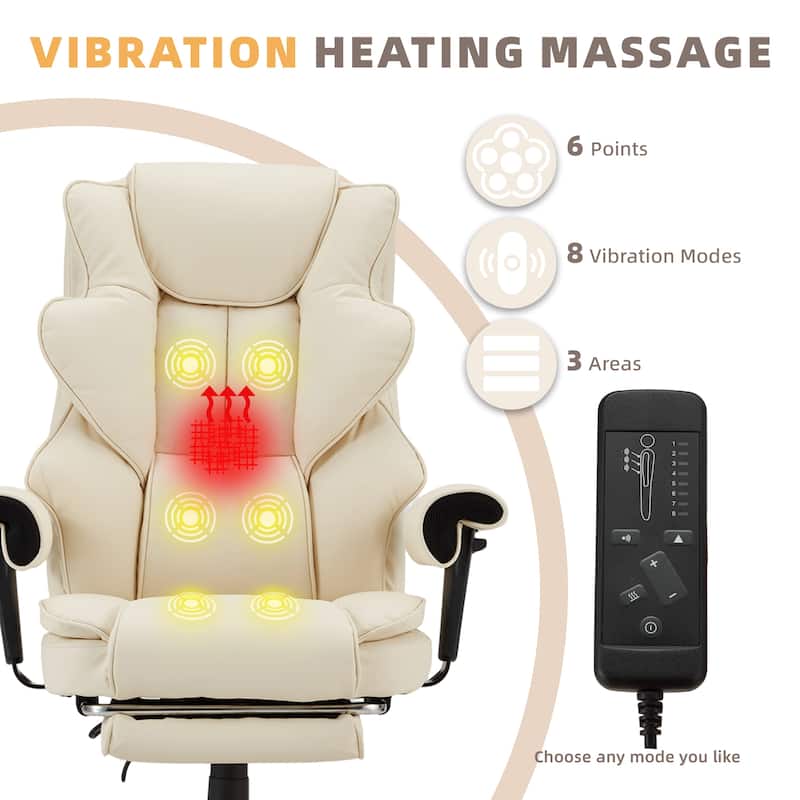 Ergonomic 6-Point Massage Office Chair with Heating, Reclining Function, Retractable Footrest, and Adjustable Armrests