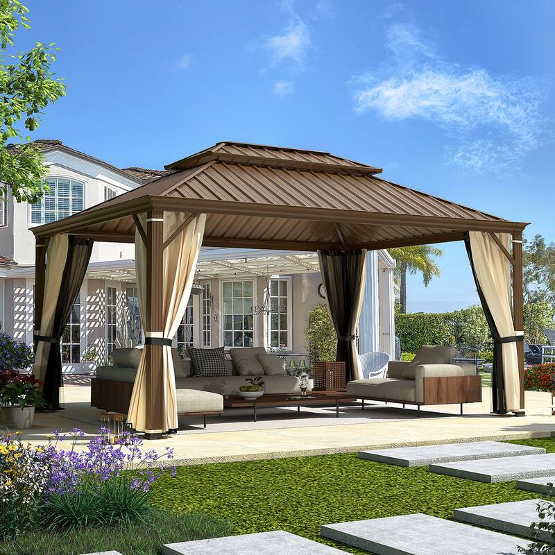 EROMMY Hardtop Gazebo W/Steel Double Roof, Anti-Rust Coating Aluminum Frame Permanent, Hard Top Gazebo for Garden Lawn Parties - 12' x 16' - Aluminum Frame