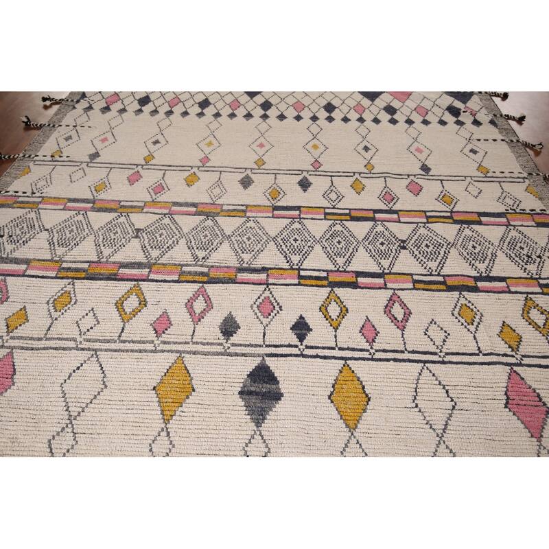 Geometric Beige Moroccan Area Rug Handmade Modern Wool Carpet - 8'10"x 12'9"