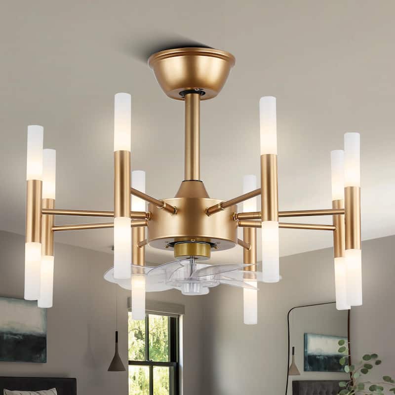 CurveCurio 24" Dark Gold Modern Ceiling Fan w 8 Lights, Chandelier Fan Light Quiet DC Motor 6 Speed Options w remote control - 23" * 23" * 13" - Matte-Dark-Gold - Hardwired/Remote