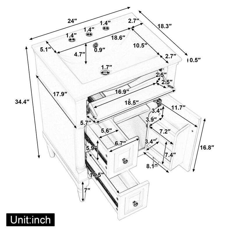 Roomfitters 24" Bathroom Vanity with Sink, Solid Wood Frame, Flip Drawer, 2 Drawers & Door Rack