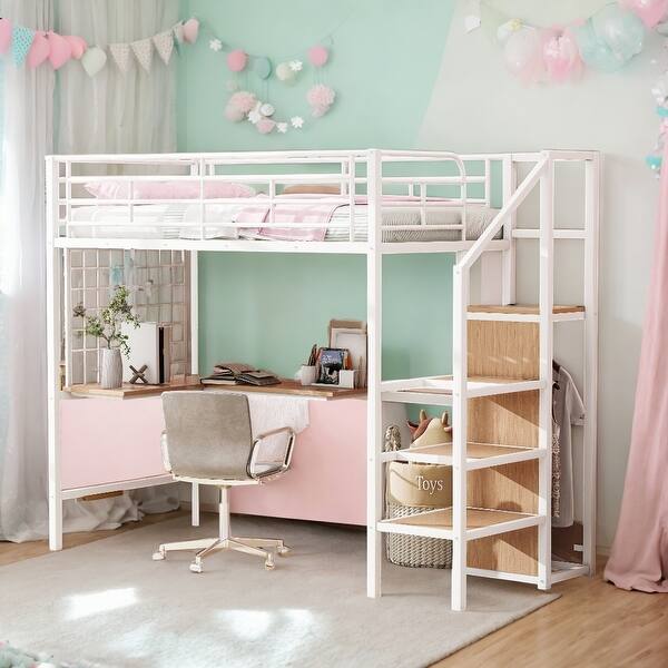 slide 2 of 26, Twin Size Metal Loft Bed with Desk and Metal Grid,Stylish Metal Frame Bed with Lateral Storage Ladder and Wardrobe White