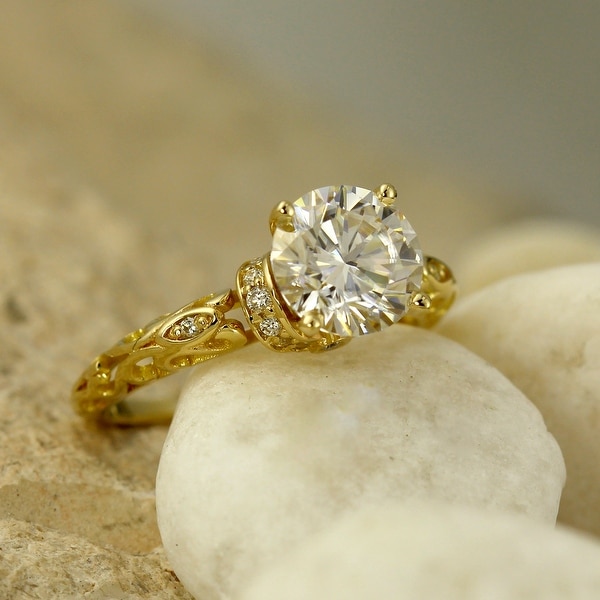 Auriya 14k Gold 2 carat Vintage Moissanite and Diamond Engagement Ring 1/8ctw. Opens flyout.