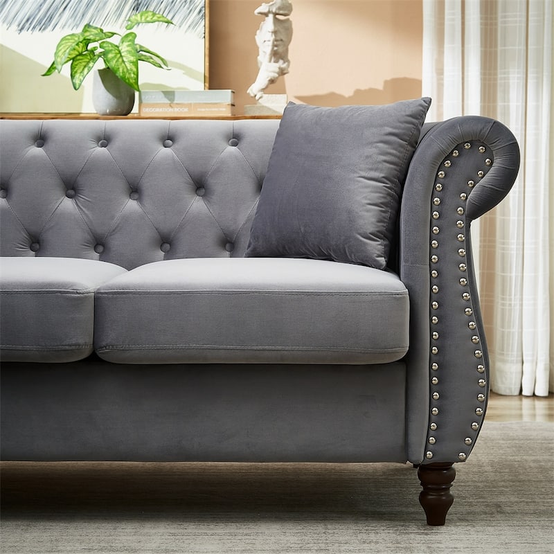 5-Seater Velvet L-Shaped Sectional Sofa with 3 Pillows and Wood Frame