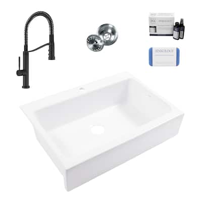 Parker Crisp White Fireclay 34" Single Bowl Quick-Fit Farmhouse Apron Front Drop-in Kitchen Sink (1 Hole) with Black Faucet Kit