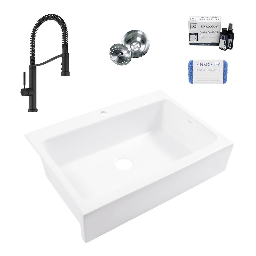 Parker Crisp White Fireclay 34" Single Bowl Quick-Fit Farmhouse Apron Front Drop-in Kitchen Sink (1 Hole) with Black Faucet Kit