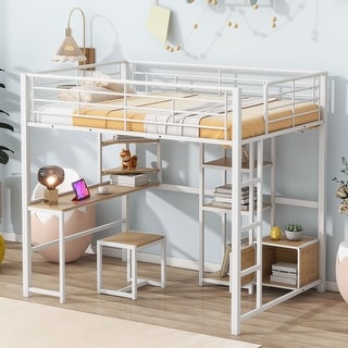 Full Size Loft Bed with Desk and Stool, Metal Loft Bed with Open-Style Wardrobe, Shelves and Cabinet