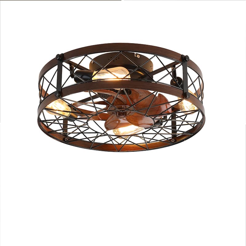 Cusp Barn 20 Inch Caged Reversible Flush Mount Ceiling Fans with Light and Remote for Living or Dining Rooms and Bedrooms