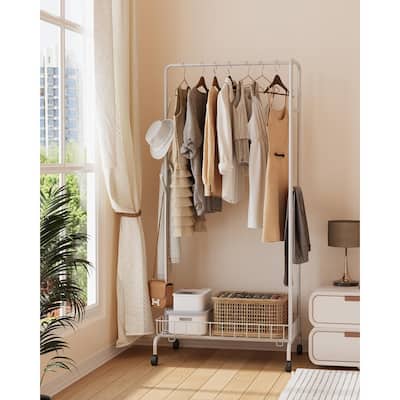 Clothes Rack with Wheels - White_Single Rod with Side Bar
