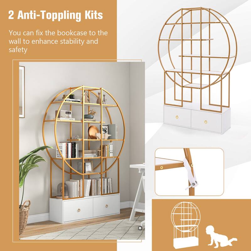 Gymax 71'' Tall Metal Bookcase 6-Tier Gold Bookshelf w/ 2 Storage