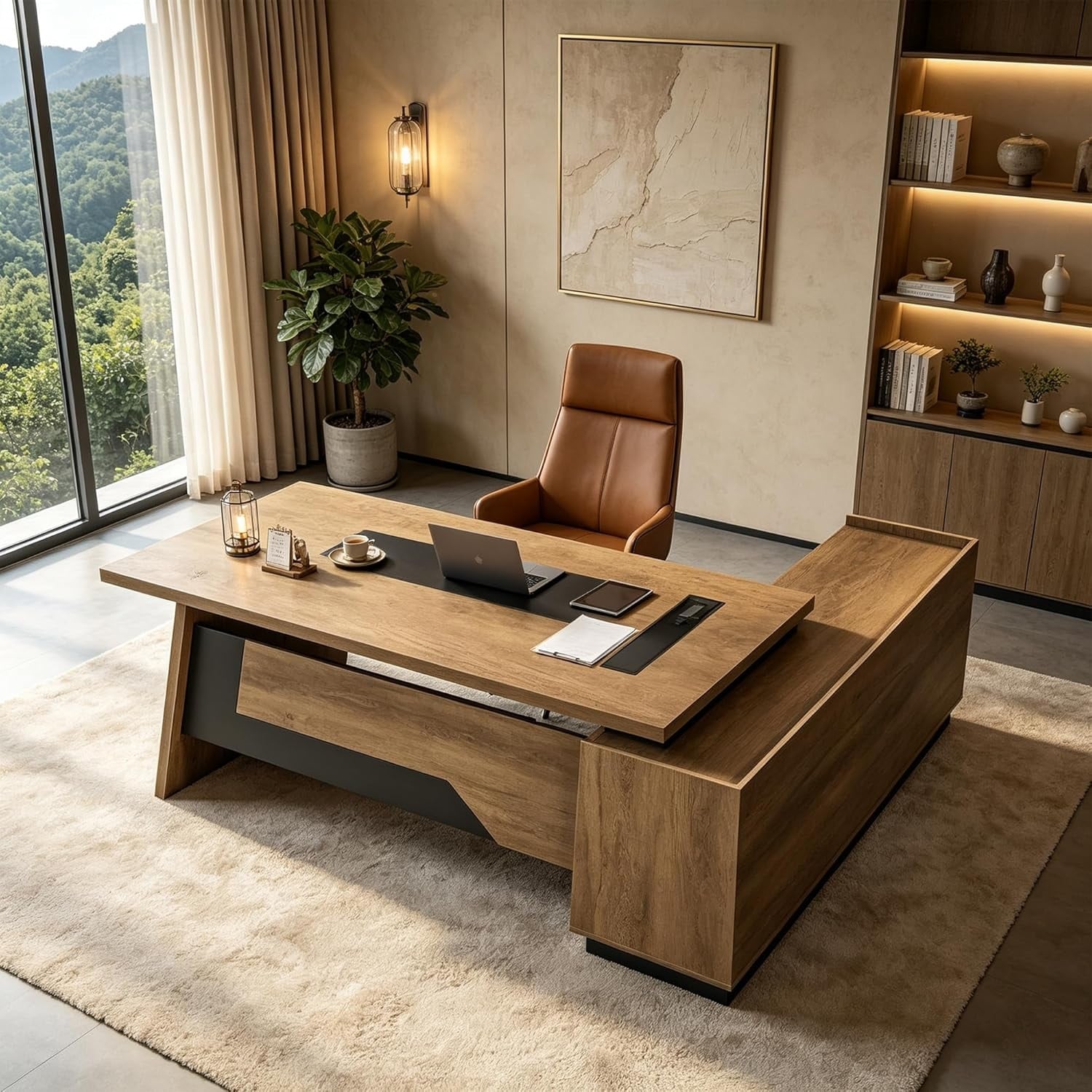WESOME Adjustable Length 70.9IN/78.7IN L Shape Executive Office Desk with Outlet Drawers Cabinet
