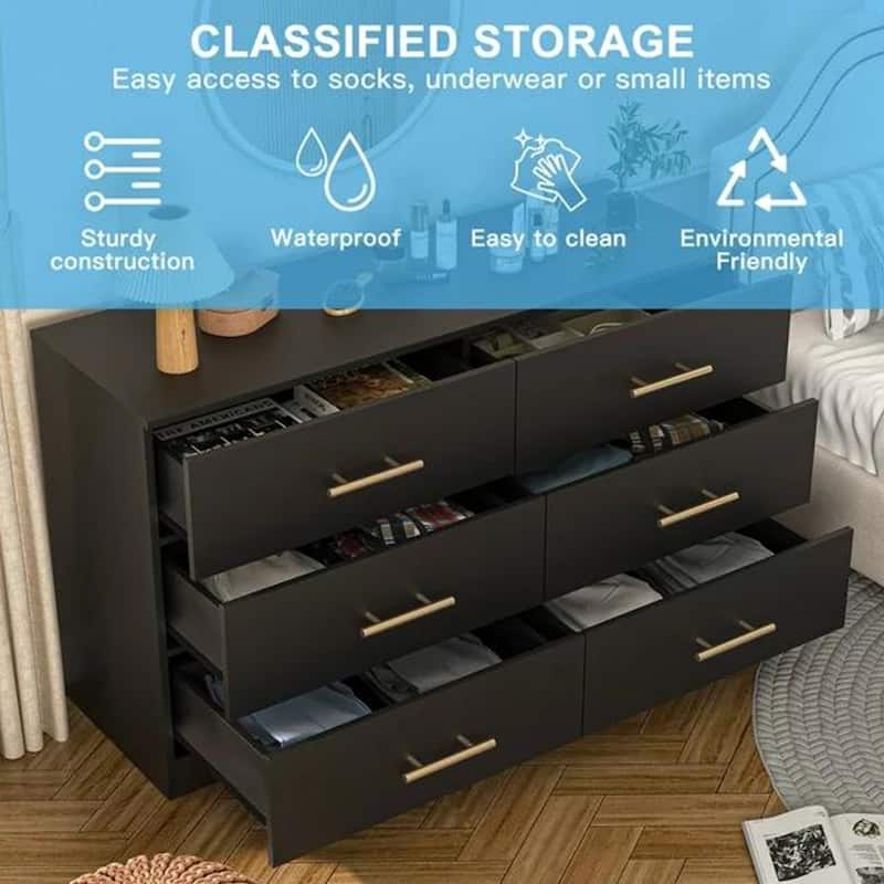 6 Drawer Dresser for Bedroom,Chest of Dressers,Modern Wooden Dresser Chest with Golden Handles