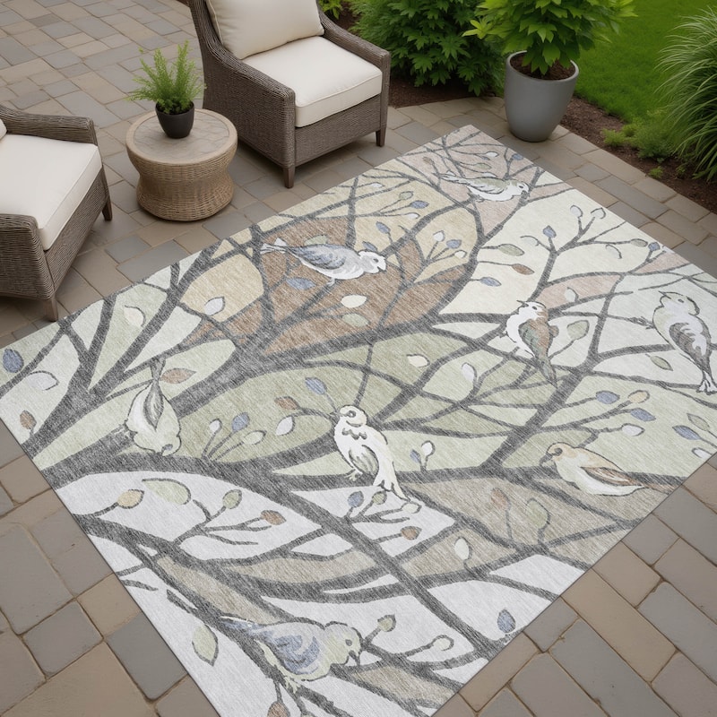 Machine Washable Indoor/ Outdoor Bird Mosaic Chantille Rug - Beige - 2'6" x 3'10"