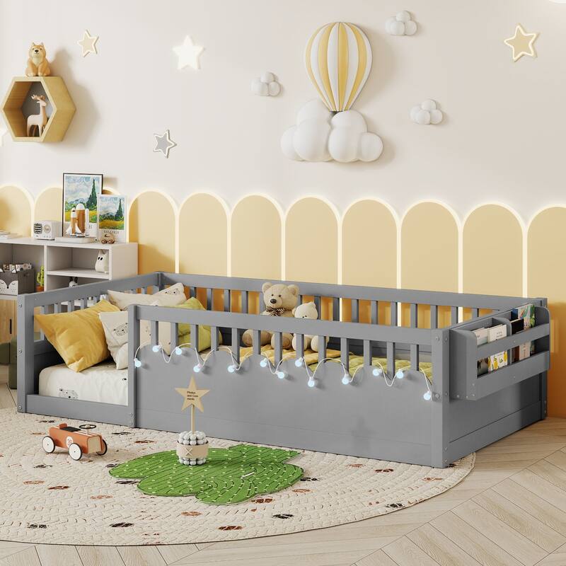 Twin Montessori Floor Bed Frame with High Rails, Wood Kids Floor Beds with Light and Storage Shelf