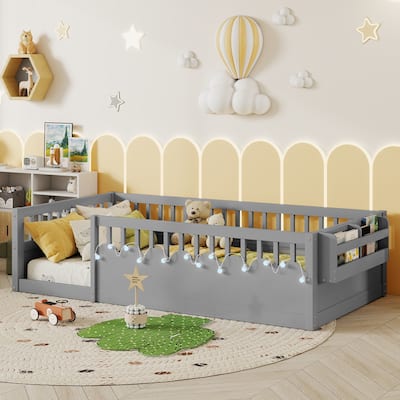 Twin Size Toddler Floor Bed Fence Bed with Guardrails, Grey