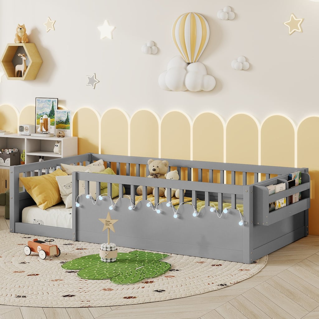Twin Size Toddler Floor Bed Fence Bed with Guardrails, Grey