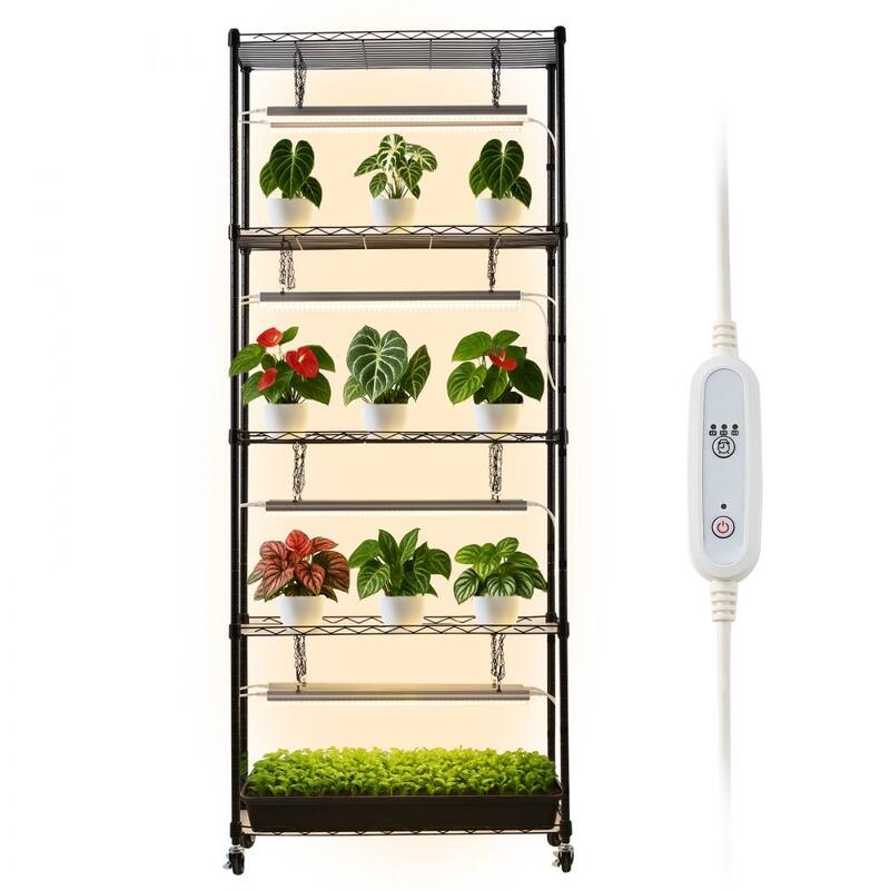 Black Metal 5-Tier Indoor Plant Stand with 8 LED Grow Lights and Timer, 71-Inch Adjustable Shelves on Wheels