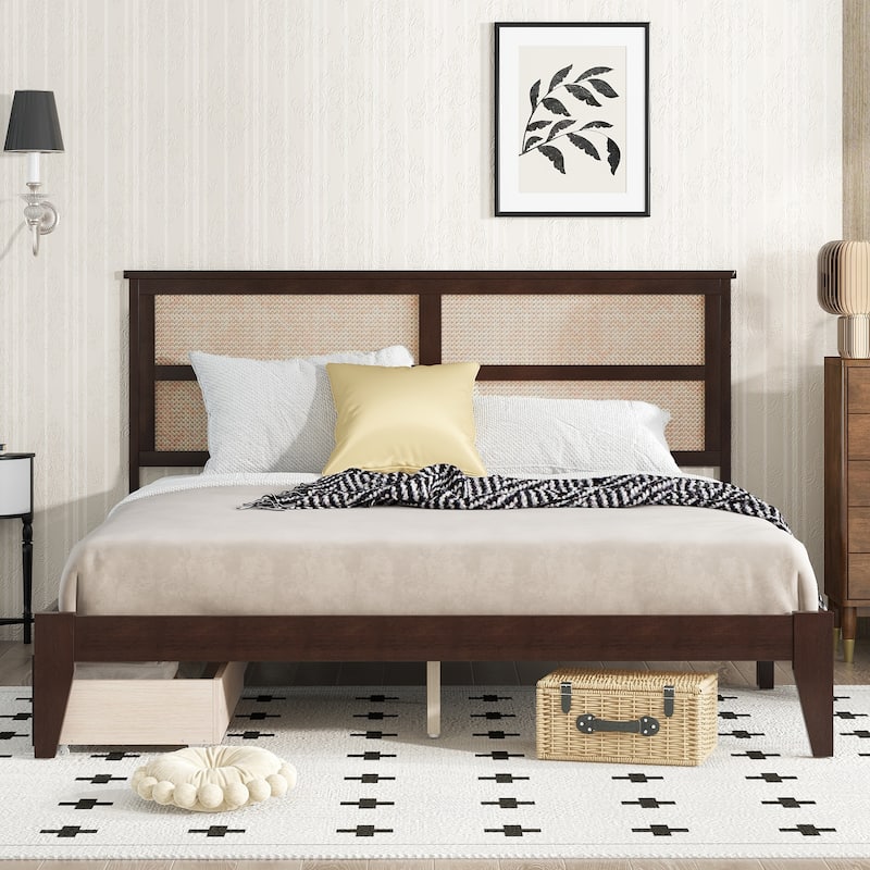 Queen Platform Bed with Rattan Headboard, 2 Drawers, Solid Rubber Wood Frame