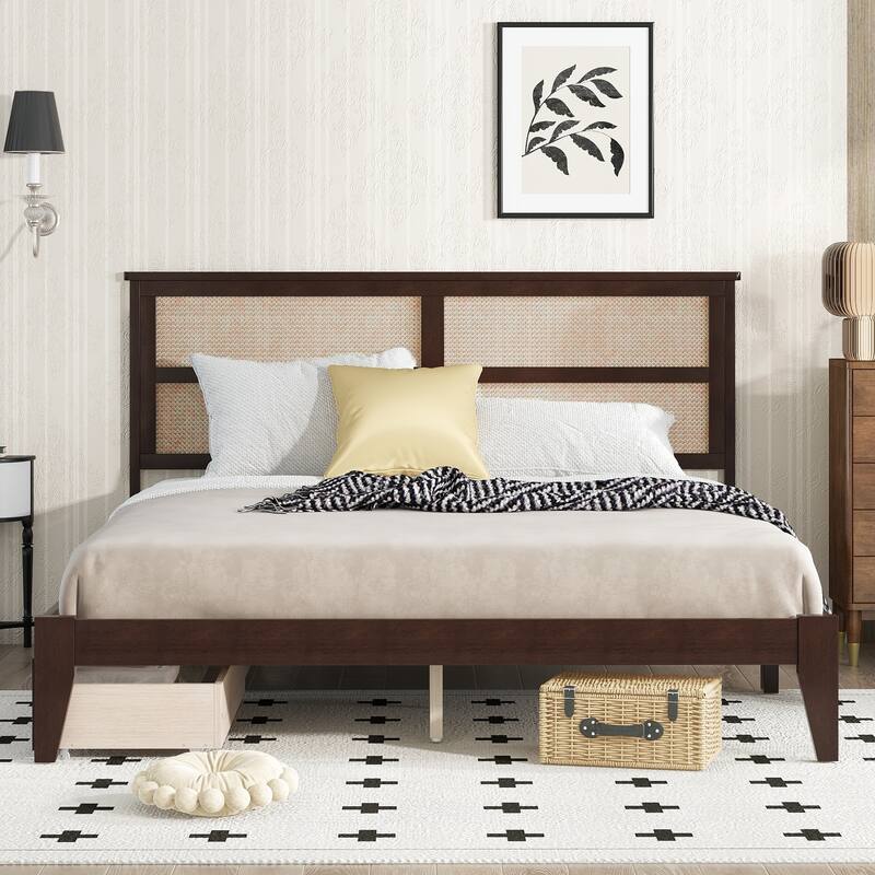 Wood Platform Bed Frame with Rattan Design Headboard/2 Under-Bed Storage Drawers/Reinforced Support Slats/No Box Spring Needed - Espresso - King