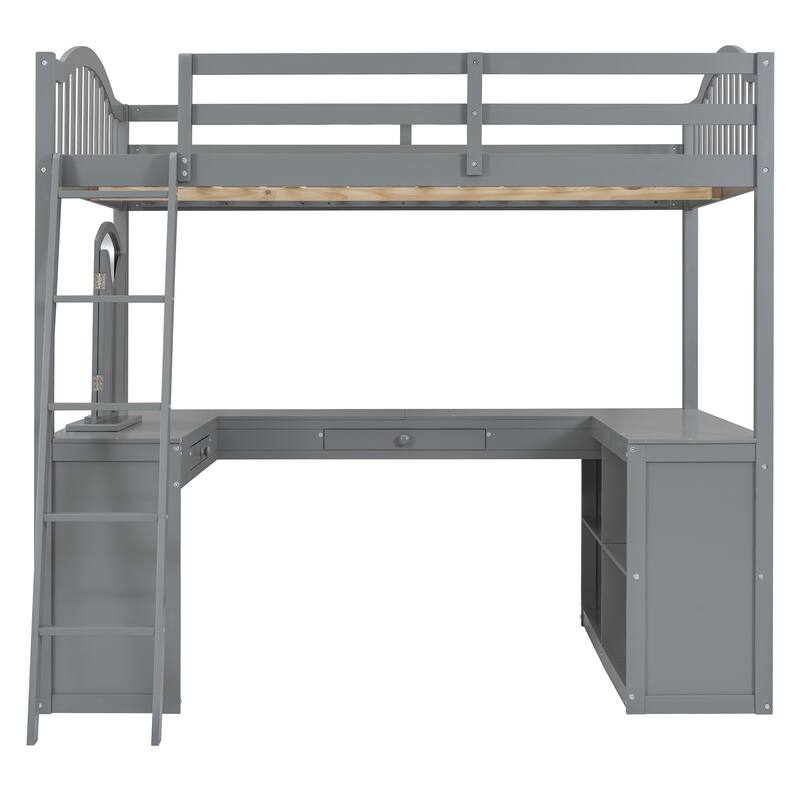 U-Shaped Workstation Loft with Mirror, Curved Frame, Drawers & Storage for Full Bed