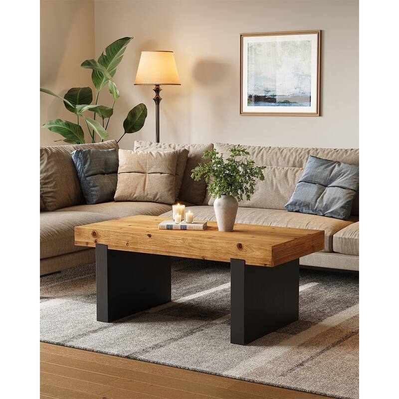 47.2" Solid Wood Coffee Table, Two-Tone Modern Rectangle Table for Living Room & Bedroom - Brown+Black