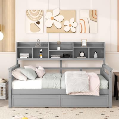 Wood Daybed with 2 Drawers and Bedside Shelf