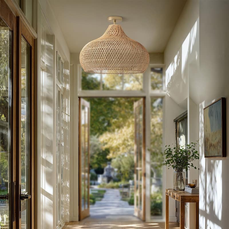 Kloe Rattan Flush Mount - Rattan Natural 1-Light Handwoven Ceiling Light for Bedroom or Dining Room in Farmhouse, Modern Style