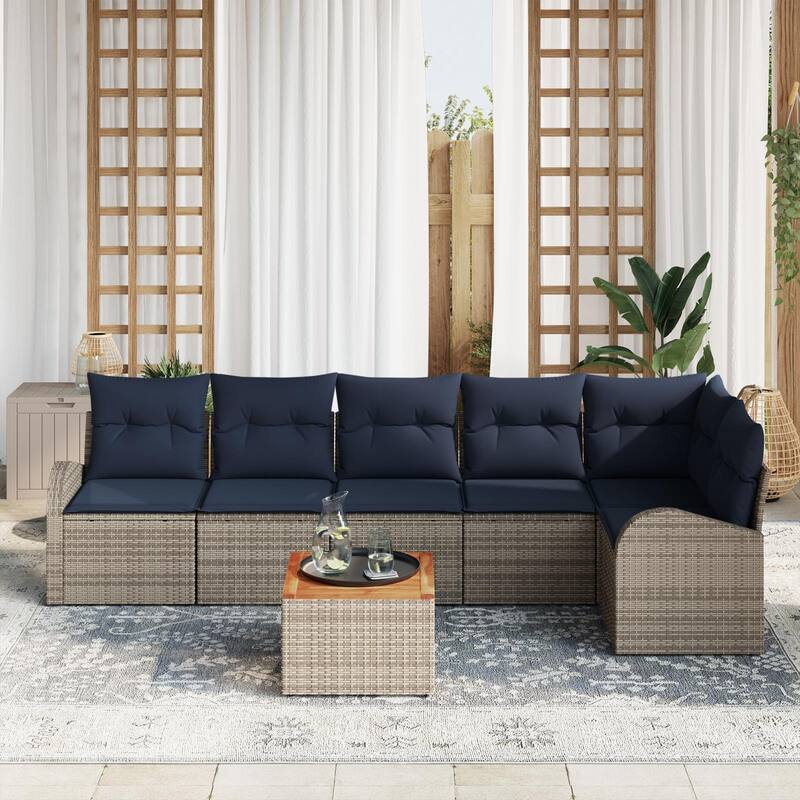 vidaXL 7 Garden Sofa Set with Cushions Black/Grey Poly Rattan - 113.8 x 48.8 x 27.2