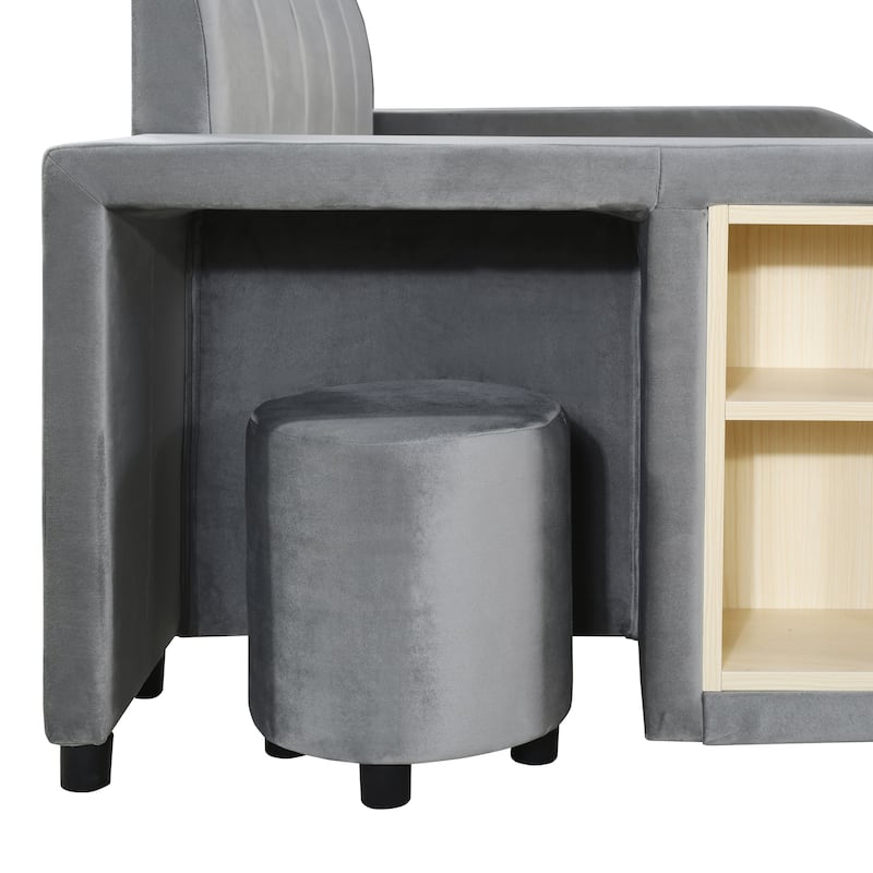 Full Size Upholstered Grounded Bed, Mother & Child Bed with Bedside Desk and Little Round Stool, Velvet