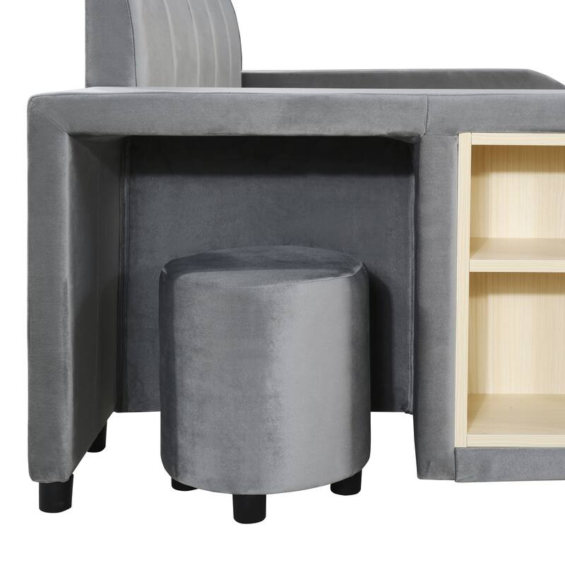 Full Size Upholstered Grounded Bed, Mother & Child Bed with Bedside Desk and Little Round Stool