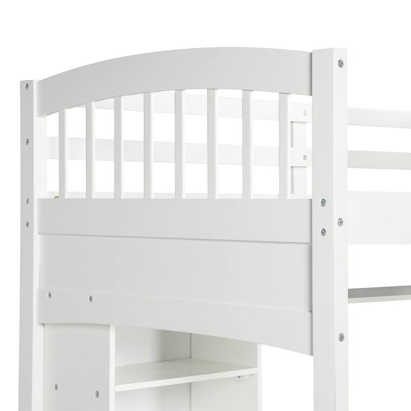 Twin Size Wood High Loft Bed Multi-Functional Study Bed w/Built-in Desk and Ladder, Solid Wood High Loftbed Bedframe w/Guardrail