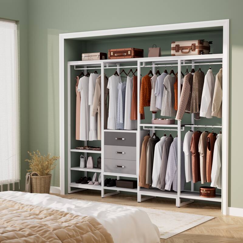 Rackcog 74-148'' W Closet System with 3 Wood Drawers and 11-Tier ...