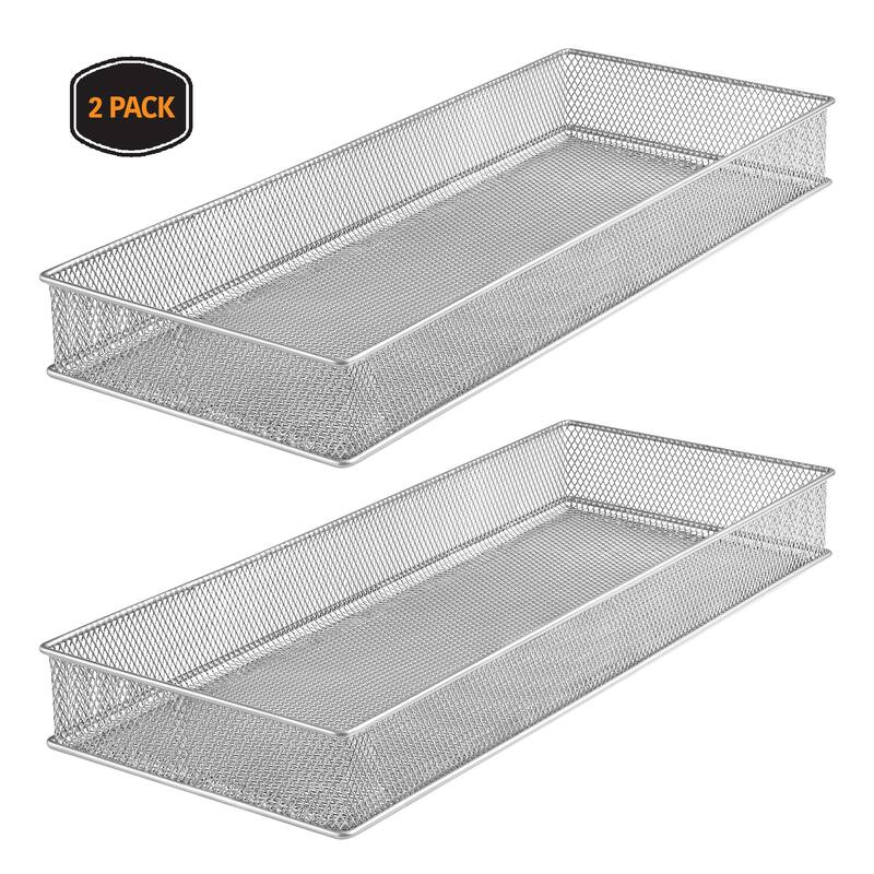 Silver Mesh Drawer Cabinet and or Shelf Organizer Bins, School Supply Holder Office Desktop Organizer Basket, Pack of 2 - 6x15x2