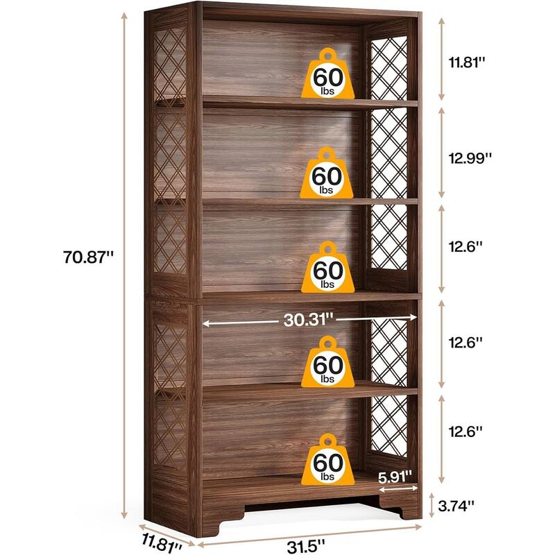 70.8" Bookcase, 6-Tier Vintage Tall Bookcase 5-Shelf Display Rack Storage Shelves