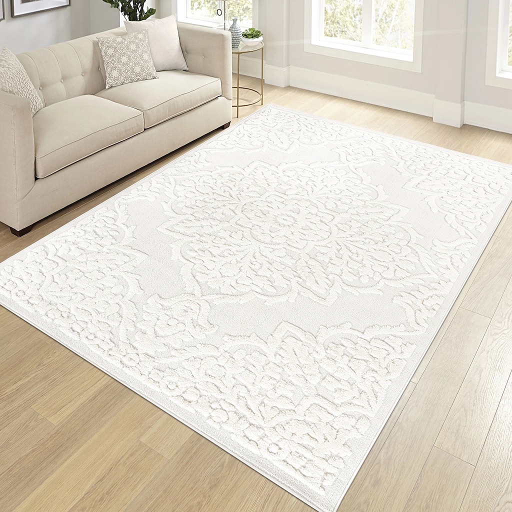 Roomfitters 9'x12' Machine Washable Boho Vintage Area Rug, Non-Slip Pet Friendly Indoor Living Room Decor Carpet - Cream